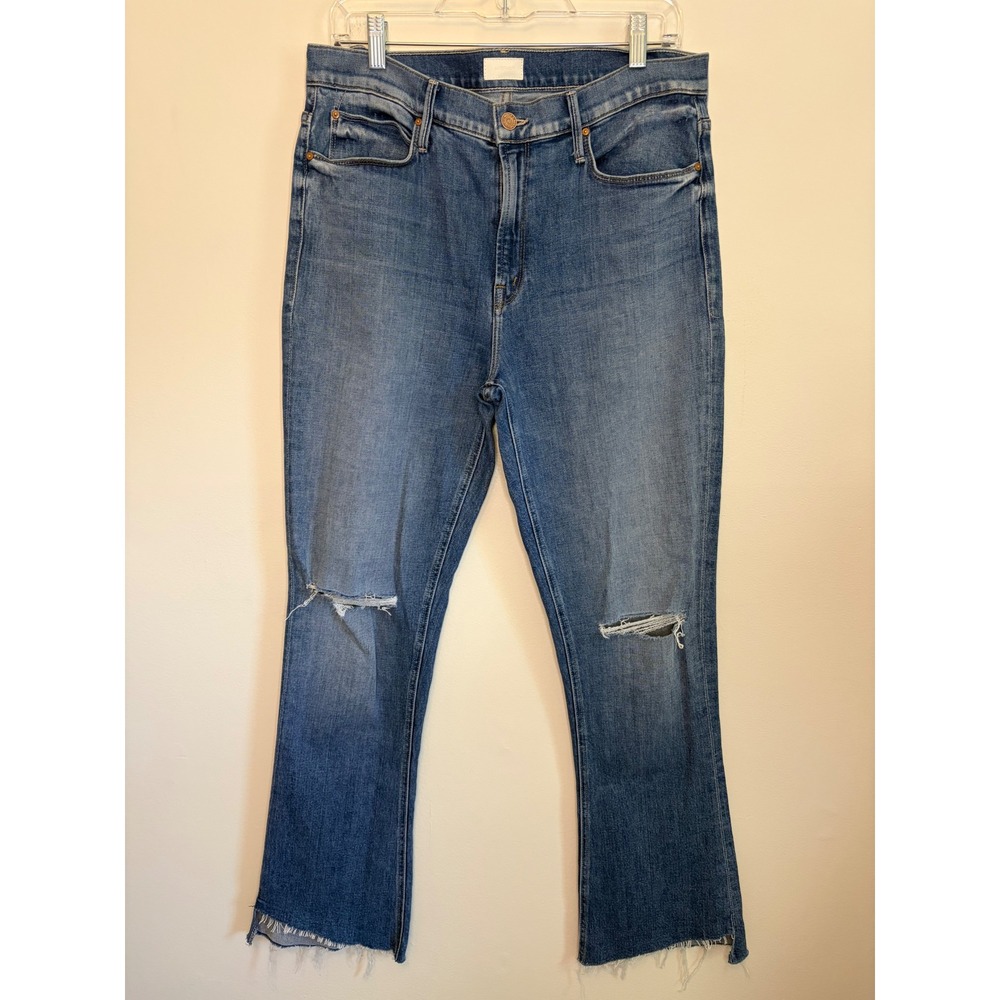 Mother The Runaway Step Fray Jeans Spice It Up Blue Distressed Flare Size 32
